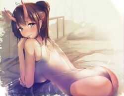 1girls azur_lane blush brown_hair dermar female female_only horns hot_spring izumo_(azur_lane) light-skinned_female light_skin looking_at_viewer looking_back onsen sakura_empire_(azur_lane) smile solo swimsuit water