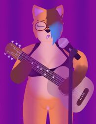 absurd_res acoustic_guitar anthro blue_hair bottomless bottomless_female bra breasts brown_body brown_fur brown_hair canid canine clothed clothing ear_piercing ear_ring female fox fur genitals guitar hair hi_res mammal microphone musical_instrument no_underwear orange_body orange_fur piercing plucked_string_instrument public pussy ring_piercing solo standing string_instrument underwear