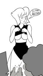 1boy 2girls areola_slip bare_shoulders blush clothes_lift cowboy_shot crop_top crop_top_lift drawfag dress embarrassed female female_focus half-closed_eyes lapis_lazuli_(steven_universe) lifted_by_self line_art looking_at_viewer midriff midriff_peek monochrome nipple_slip nipples open_mouth peridot_(steven_universe) request shirt_lift short_hair skirt speech_bubble steven_quartz_universe steven_universe text thumbs_up underboob white_background