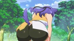 2022 animal_ears animal_tail ass_focus bent_over big_ass bike_shorts black_shorts cat_ears futoku_no_guild hitamu_kyan monster_girl official_art purple_hair screencap screenshot shorts spats tail tnk_(company)