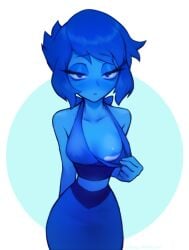 1girls areola_slip bandaid bandaids_on_nipples bare_shoulders blue_dress blue_eyes blue_hair blue_skin blue_skirt blush circle_background clothes_pull cowboy_shot crop_top docmimori dress embarrassed female female_focus female_only flashing half-closed_eyes lapis_lazuli_(steven_universe) looking_at_viewer midriff midriff_peek narrow_waist presenting pulled_by_self raised_eyebrows simple_background skirt small_breasts solo solo_female solo_focus steven_universe top_pull unamused white_background wide_hips