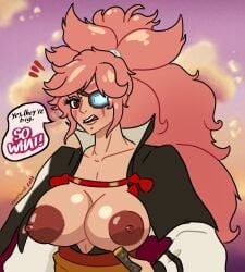 2022 baiken english_text erect_nipples eyelashes female guilty_gear large_breasts loucha96 pink_hair ponytail red_eyes scar_across_eye scars solo sword