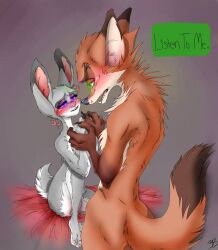 2021 anthro bed_sheet bedding blush canid canine command disney duo english_text eye_contact female fox genitals green_eyes half-closed_eyes hand_holding heart hi_res judy_hopps lagomorph larger_male leporid looking_at_another male mammal narrowed_eyes nick_wilde nude purple_eyes pussy rabbit rarewhoroastbeast_(artist) red_fox seductive signature size_difference smaller_female text zootopia