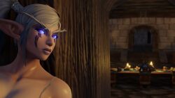 3d 3d_(artwork) armor blue_eyes dark-skinned_male dark_skin elf human interracial justicaralb lingerie night_elf pointy_ears sneaky soldier stealth warcraft warrior white_hair world_of_warcraft