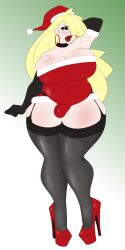 1futa big_breasts bimbo bimbo_body bimbo_futanari bimbo_lips bimbofication blonde_hair blush bulge chubby futanari futanarization gladion_(pokemon) high_heels hoop_earrings hoop_earrings_oversized lipstick male_to_futa pokemon pokemon_sm rule_63 santa_costume santa_hat sealguy wide_hips