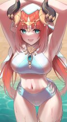 1girls aqua_eyes armpits arms_up belly bikini breasts curvaceous curvy female female_only genshin_impact hear_(kpmf4732) large_breasts light-skinned_female light_skin navel nilou_(genshin_impact) red_hair smile solo swimwear veil wet