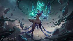 aciddrawing belly belly_button big_ass big_thighs black_mist breasts breasts edit edited edited_official_artwork fog gray_hair green_eyes image karma_(league_of_legends) league_of_legends league_of_legends:_wild_rift legends_of_runeterra magic magical_girl riot_games ruined_karma thick_thighs thighhighs thighs translucent_clothing