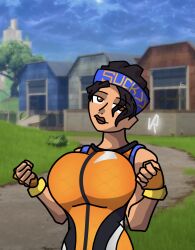 brown_eyes brown_hair dazzle_(fortnite) fortnite headband large_breasts orange_clothing varonymous