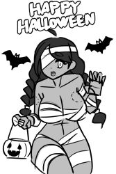 bat big_breasts black_hair halloween moistcorn mummy_costume revealing_clothes sketch susu-chan tagme trick_or_treat white_skin yellow_eyes