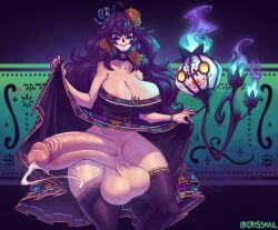 1futa balls big_hips bottomless breasts cleavage clothed clothing crysskail cum dia_de_los_muertos dress dress_lift erection facepaint futa_only futanari gigantic_penis hex_maniac huge_balls huge_cock human large_breasts light-skinned_futanari light_skin partially_clothed penis pokemon skindentation smooth_balls smooth_penis solo solo_futa standing sweat thick_thighs thighhighs wide_hips