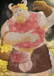1boy 2022 2d anthro asgore_dreemurr basket beard blue_eyes brown_shorts claws color fanofthefurr field floral_print flower_in_hair foreskin freckles gay gloves goat hair hairy_armpits hairy_chest hairy_thighs hi_res high_resolution highres horns male male_only monster muscular musk musk_clouds penis penis_out pink_shirt precum pubic_hair red_penis rolled_up_sleeves shorts solo steam steaming_body sweat sweat_drop sweaty_chest tail thick_arms thick_foreskin thick_penis thick_thighs undertale undertale_(series) veiny_penis wet_clothes white_fur yellow_body_hair yellow_flower yellow_hair
