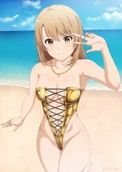 artist_name bangs beach blush breasts brown_eyes brown_hair collarbone commentary_request female grin inoshira isshiki_iroha jewelry looking_at_viewer medium_breasts medium_hair my_teen_romantic_comedy_snafu necklace ocean outdoors paid_reward_available smile solo swimsuit teeth twitter_username v water watermark