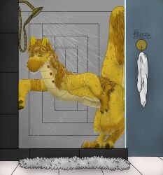 anthro belly_bulge flute_dragon horns kerstin_(flute_dragon) multicolored_fur no_mouth no_nose orange_hair pressing_against ringed_eyes sajay shower tail wet_fur wet_hair yellow_fur