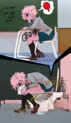 accident balloon black_socks bladder bladder_gauge bowel_gauge brown_loafers classroom defecation desk desperation have_to_pee knee_socks kneehighs kneesocks lewdpunch loafers mina_ashido missing_toilet my_hero_academia omorashi peeing pink_skin scat scat_desperation school_uniform schoolgirl shitting socks sound_effects speech_bubble toilet toilet_use u.a._school_uniform urinating_while_defecating urine