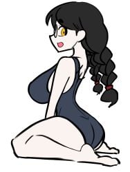 big_breasts black_hair leotard looking_at_viewer looking_back moistcorn on_knees shocked sketch susu-chan swimming_suit tagme white_skin yellow_eyes