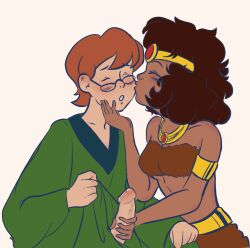 artist_request diana_the_acrobat dungeons_and_dragons dungeons_and_dragons_(cartoon) forgotten_realms fur_bikini glasses handjob interracial kissing_cheek presto_the_magician white_background