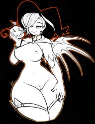 blizzard_entertainment earrings female hat jack-o'-lantern large_breasts mercy monochrome overwatch overwatch_2 pumpkin pussy solo tehbuttercookie thighhighs wings witch_hat