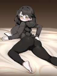 2d bed big_breasts black_clothing black_hair looking_at_viewer on_bed susu-chan tagme thick white_skin yellow_eyes