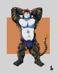 2021 abs absurd_res anthro armpit_hair biceps blush body_hair border briefs_only bulge chest_tuft embarrassed feet felid feline hands_behind_head hi_res male mammal navel nipples obenpanda overweight overweight_male pecs pose pubes raised_arms simple_background solo stripes thick_thighs triceps tuft white_border yellow_stripes