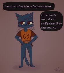 anthro artist_vasujam blush bottomless clothed clothing clothing_lift cub felid feline female genitals hi_res mae_borowski mammal night_in_the_woods no_underwear presenting presenting_pussy pussy shirt shirt_lift shy solo solo_focus speech_bubble to wear