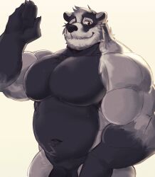 1boy absurd_res anthro badger biceps big_muscles black_body black_eyes black_fur black_nose claws echo_(series) echo_project facial_markings fur genitals grey_body grey_fur head_markings hi_res juggermelon male mammal markings musclegut muscular muscular_anthro muscular_male mustelid musteline nikolai_(the_smoke_room) nude pecs penis smile solo the_smoke_room video_games visual_novel