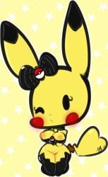 bow corset female large_breasts pikachu pokémon_(species) pokemon pokemon_rgby solo tail tehbuttercookie thighhighs wink yellow_fur