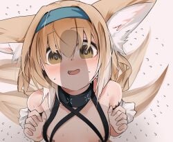 absurdres animal_ears arknights bandaid bandaids_on_nipples bangs bare_shoulders blonde_hair blue_hairband blush brown_eyes collar empty_eyes female flat_chest fox_ears fox_girl fox_tail gradient_hair hairband hand_up highres infection_monitor_(arknights) kokihanada long_hair looking_at_penis multicolored_hair multiple_tails open_mouth oripathy_lesion_(arknights) pasties penis_awe simple_background solo suzuran_(arknights) tail upper_body white_background white_hair