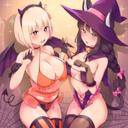 2girls absurdres animal_ears black_hair blonde_hair breasts cat_ears cat_tail demon_girl demon_horns demon_tail fingerless_gloves gloves halloween halloween_costume hat highres horns inoue_takina large_breasts long_hair lycoris_recoil multiple_girls nishikigi_chisato purple_eyes red_eyes short_hair sitting small_breasts tail thighhighs thighs toba_tsutsumi wings witch_hat