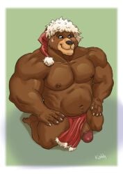 1boy 2021 abs anthro biceps big_penis body_hair border bottomwear bottomwear_aside christmas christmas_clothing christmas_headwear clothing clothing_aside deltoids genitals grin hands_on_hips happy_trail hat headgear headwear hi_res holidays kahlu kneeling loincloth loincloth_aside male mammal musclegut muscular muscular_thighs pecs penis red_loincloth santa_hat simple_background slightly_chubby smile solo triceps uncensored ursid white_border