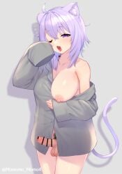 1futa ahe_gao animal_ears balls ballsack bar_censor big_breasts bottomless breasts cat_ears cat_girl cat_tail censored clothed clothing cowboy_shot erection foreskin foreskin_folds futa_only futanari grey_background grey_shirt hair_between_eyes highres hololive humanoid humanoid_penis intact kemonomimi large_breasts lavender_hair light-skinned_futanari light_skin looking_at_viewer medium_penis nekomata_okayu nipples noseless oerba_yun_fang one_breast_out one_eye_closed open_mouth partially_clothed partially_retracted_foreskin penis pubic_hair purple_eyes purple_hair scrotum shirt shirt_only simple_background sleeves_past_wrists solo standing tail testicles tongue tongue_out toony uncut virtual_youtuber waking_up yoshiwa_tomo