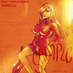 big_breasts breasts clothed clothing fully_clothed futa_only futanari huge_breasts human long_hair monochrome muscular_futanari nousk orange_theme parasoul self_upload skullgirls solo standing