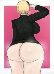 ass behind_view bottomless bottomless_female breasts danganronpa danganronpa_killer_killer exposed_ass female_only junior_art_ large_ass large_breasts misaki_asano skirt straight_hair sweat thick_ass thighs