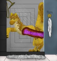 belly_bulge dildo dildo_in_pussy dildo_penetration flute_dragon horns horsecock_dildo kerstin_(flute_dragon) multicolored_fur no_mouth no_nose orange_hair pressing_against ringed_eyes sajay sex_toy shower tail wet_fur wet_hair what x-ray yellow_fur