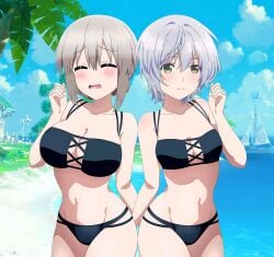 2girls adult age_difference bare_legs bare_shoulders beach bikini black_bikini blush breast_size_difference breasts cleavage closed_eyes collarbone crossover green_eyes highres jaku-chara_tomozaki-kun kikuchi_fuuka large_breasts looking_at_viewer mature_female medium_breasts multiple_girls older_female short_hair side-by-side silver_hair smile standing swimsuit teenager third-party_edit uzaki-chan_wa_asobitai! uzaki_tsuki younger_female