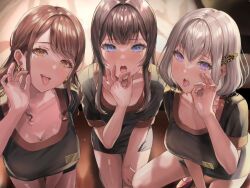 3girls bangs big_breasts black_hair black_skirt blue_eyes blush blush_lines blushing_at_viewer breasts brown_hair cleavage collar collarbone dot_nose fellatio_gesture female female_focus female_only full_body grey_hair hair_ornament hand_up hi_res high_resolution highres inviting kneeling large_breasts light-skinned_female light_skin lipstick long_hair looking_at_viewer makeup medium_breasts medium_hair mole mole_under_eye multiple_girls only_female open_mouth original parted_bangs purple_eyes red_footwear sakamuke shadow shiny shiny_hair shiny_skin short_hair short_sleeves skirt squatting suggestive suggestive_gesture suggestive_pose teeth thighs tongue tongue_out upper_teeth yellow_eyes