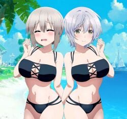 2girls adult age_difference alternate_breast_size bare_legs bare_shoulders beach bikini black_bikini blush breasts cleavage closed_eyes collarbone crossover green_eyes highres jaku-chara_tomozaki-kun kikuchi_fuuka large_breasts looking_at_viewer mature_female medium_breasts multiple_girls older_female short_hair side-by-side silver_hair smile standing swimsuit teenager third-party_edit uzaki-chan_wa_asobitai! uzaki_tsuki younger_female