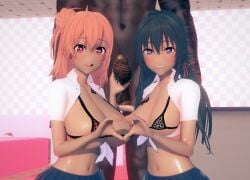 1boy 2girls 3d bra dark-skinned_male female heart-shaped_pupils heart_hands interracial koikatsu looking_at_viewer male multiple_girls my_teen_romantic_comedy_snafu nisyadotti pink_hair symbol-shaped_pupils yuigahama_yui yukinoshita_yukino