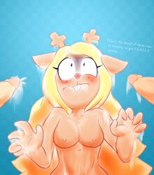 absurd_res anthro bingbingo_(artist) blonde_hair bodily_fluids capreoline cervid cum cum_covered cum_in_mouth cum_inside cum_on_body cum_on_face deltarune doe_with_antlers ejaculation english_text female freckles genital_fluids genitals group hair hi_res human male mammal messy nipples noelle_holiday nude penis reindeer text trio undertale_(series) video_games