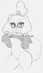 2018 2d animal_crossing anthro black_and_white bottomless breasts canine female flashing flashing_breasts flat_chest furry glasses isabelle_(animal_crossing) line_art monochrome nintendo nipples no_bra office_lady open_mouth pussy shirt_lift small_breasts solo tail tehbuttercookie thick_thighs thighs traditional_media_(artwork)