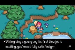 1boy1girl age_difference animated blowjob clothed_sex female gif kumatora lucas male mother_(series) mother_3 nintendo no_pants penis pink_hair pixel_animation pixel_art tagme yellow_hair