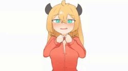 animated blonde_hair daebom daebom_(character) female_daebom flashing_breasts horns open_shirt rule_63 smile war_thunder