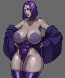 breasts_out dc dc_comics female grey_skin huge_ass huge_breasts huge_nipples inverted_nipples leotard purple_hair purple_lipstick raven_(dc) smile teen_titans thick_thighs thighhighs weakj wide_hips