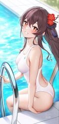 1girls ass blush breasts brown_hair female fukuro_ko_(greentea) genshin_impact happy hi_res hu_tao_(genshin_impact) one-piece_swimsuit petite pool red_eyes sitting small_breasts smile smilr solo swimming_pool swimsuit twintails white_swimsuit