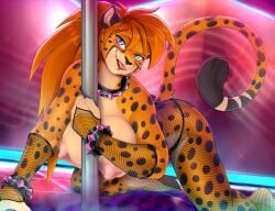 1girls all_fours alternate_version_available animal_ears anthro areolae big_breasts blue_eyes blush braless cheetah cheetah_ears cheetah_girl cheetah_humanoid cheetah_print cheetah_tail countershading dynamite_(kadath) felid feline female female_only fishnet_armwear fishnet_pantyhose fishnets fur furaffinity furry furry_only hi_res kadath_universe long_hair looking_at_viewer nipples nude nude_female orange_hair original original_character pantherine panties pawpads pole_dancing ponytail scappo shirtless shirtless_(female) shirtless_anthro smiling smiling_at_viewer solo spiked_bracelet spiked_collar spotted_fur stripper stripper_pole tail topless topless_anthro topless_female uncensored uncensored_breasts yellow_fur