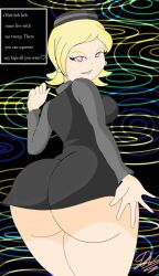 2021 ass ass_focus blonde_hair breasts dress earrings earthbound elevator_lady huge_ass hypnosis hypnotizing_viewer looking_at_viewer looking_back lorddandan mother_(series) nintendo piercing seductive seductive_smile smile text thick_thighs