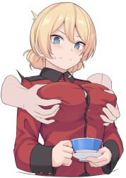 1girls blonde_hair bra breast_grab breasts button_gap darjeeling girls_und_panzer groping groping_breasts groping_from_behind holding holding_object military military_jacket military_uniform shiseki_hirame sweat