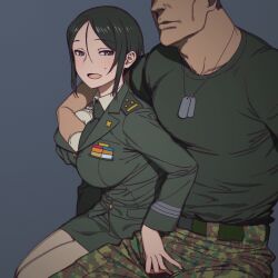 1boy 1girls black_hair blush breast_grab breasts bulge chouno_ami crotch_grab crotch_rub girls_und_panzer grabbing_testicles grope groping groping_breasts groping_through_clothes horny horny_female imminent_sex military military_jacket military_uniform miniskirt onsen_tamago_(hs_egg) penis_grab skirt