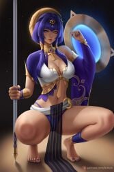 1girls arduin_(arduin_art) arduina bangs black_hairband blue_eyes blue_hair blue_panties blush breasts candace_(genshin_impact) cleavage crouching dark-skinned_female dark_skin female female_only genshin_impact hair_ornament hairband heterochromia highres large_breasts long_hair looking_at_viewer nail_polish navel panties shield smile solo spear thighs underwear yellow_eyes