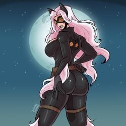 black_cat_(marvel) black_clothing black_lipstick cat_claws cat_ears cat_girl catsuit felicia_hardy goggles large_ass large_breasts latex latex_bodysuit leather loggus_doggus marvel mask moon moonlight shiny_clothes white_hair