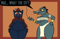 alligator alligatorid anthro bea_santello chubby_female crocodilian duo felid feline female genitals halloween hi_res holidays low-angle_view mae_borowski mammal marcodile night_in_the_woods pussy reptile scalie slightly_chubby video_games